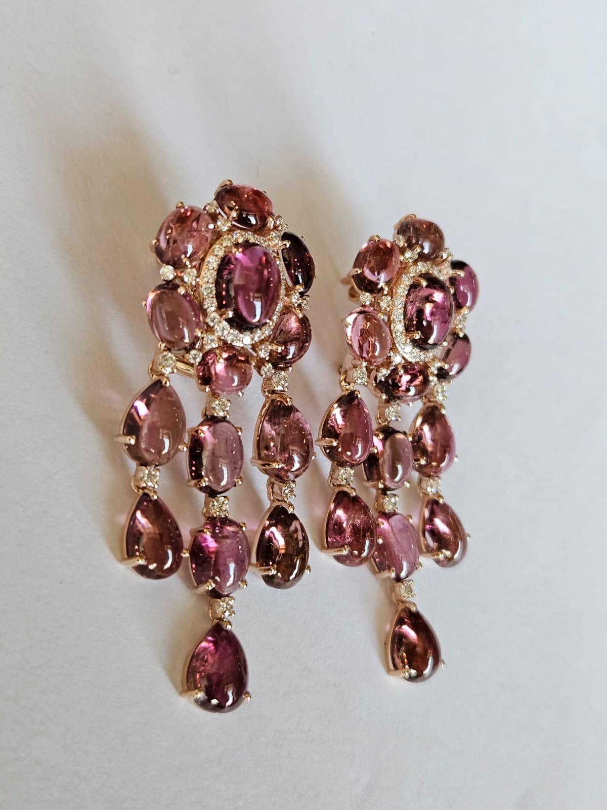Women's or Men's Set in 18K Gold, 39.21 carats, Tourmaline Cabochons & Diamonds Dangle Earrings For Sale