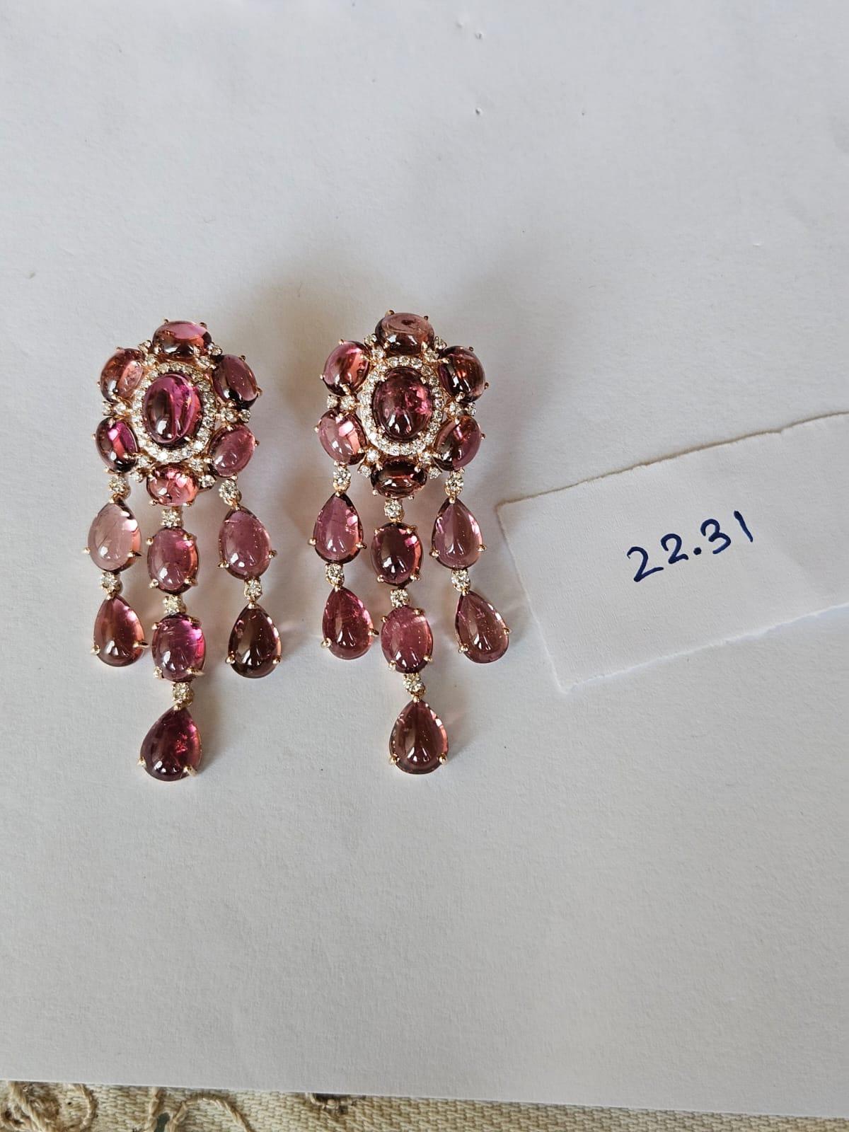 Set in 18K Gold, 39.21 carats, Tourmaline Cabochons & Diamonds Dangle Earrings For Sale 1