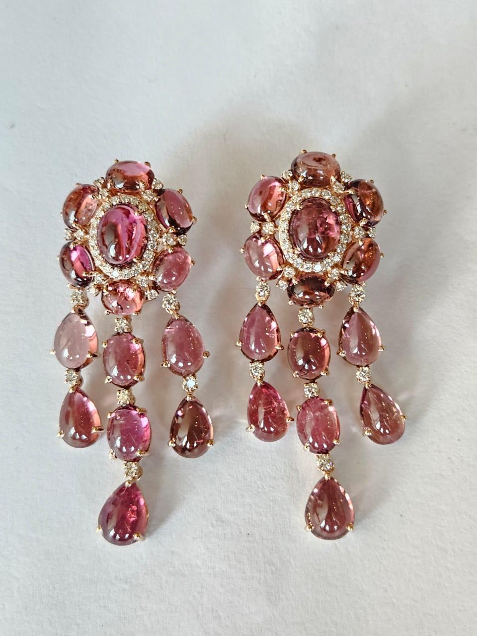 Set in 18K Gold, 39.21 carats, Tourmaline Cabochons & Diamonds Dangle Earrings For Sale 2