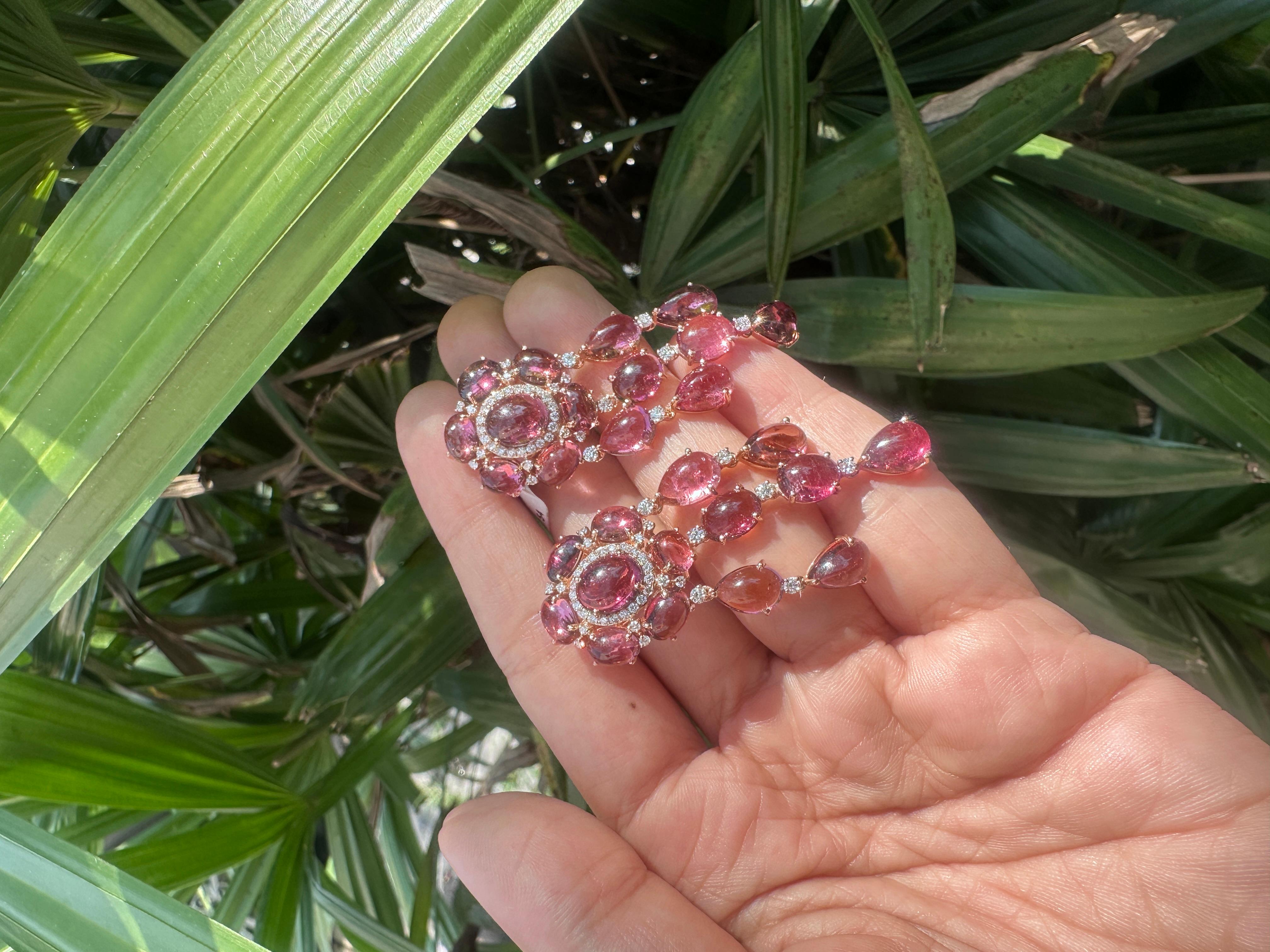 Set in 18K Gold, 39.21 carats, Tourmaline Cabochons & Diamonds Dangle Earrings For Sale 3