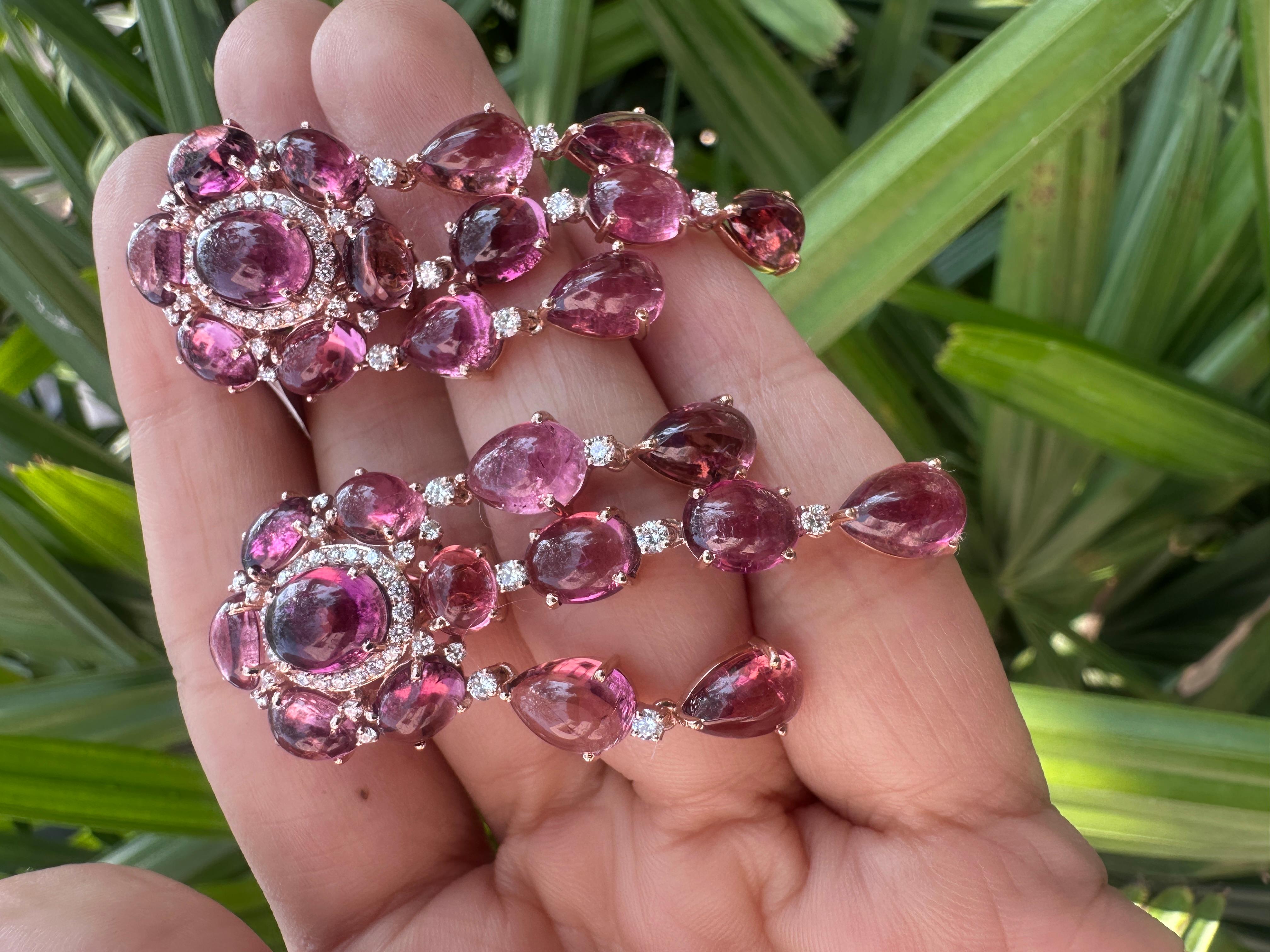 Set in 18K Gold, 39.21 carats, Tourmaline Cabochons & Diamonds Dangle Earrings For Sale 4
