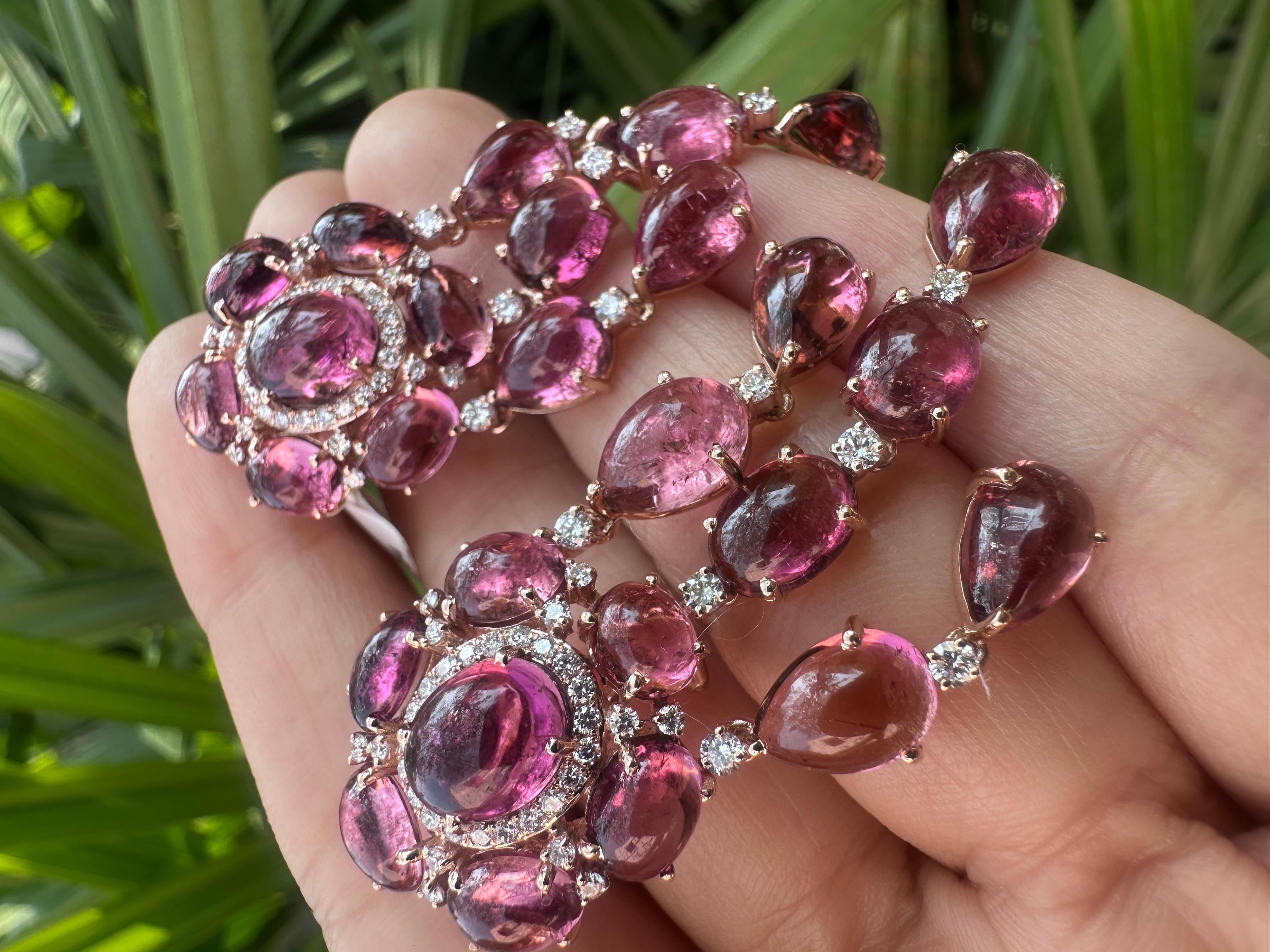 Set in 18K Gold, 39.21 carats, Tourmaline Cabochons & Diamonds Dangle Earrings For Sale 5