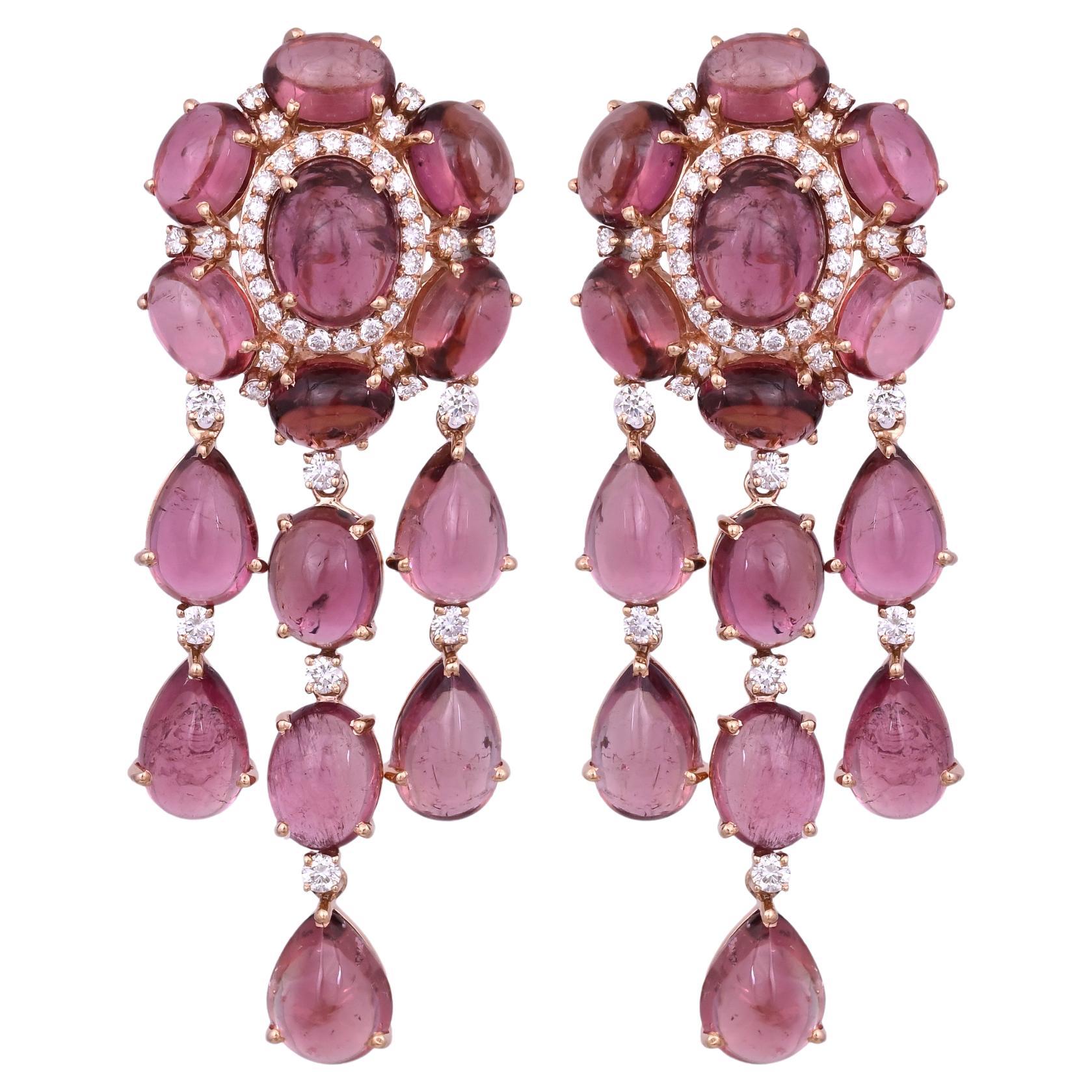 Set in 18K Gold, 39.21 carats, Tourmaline Cabochons & Diamonds Dangle Earrings For Sale