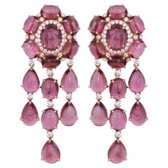 Set in 18K Gold, 39.21 carats, Tourmaline Cabochons & Diamonds Dangle Earrings