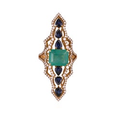 Set in 18K Gold, 3.99 carats Emerald, Blue Sapphires & Diamonds Cocktail Ring