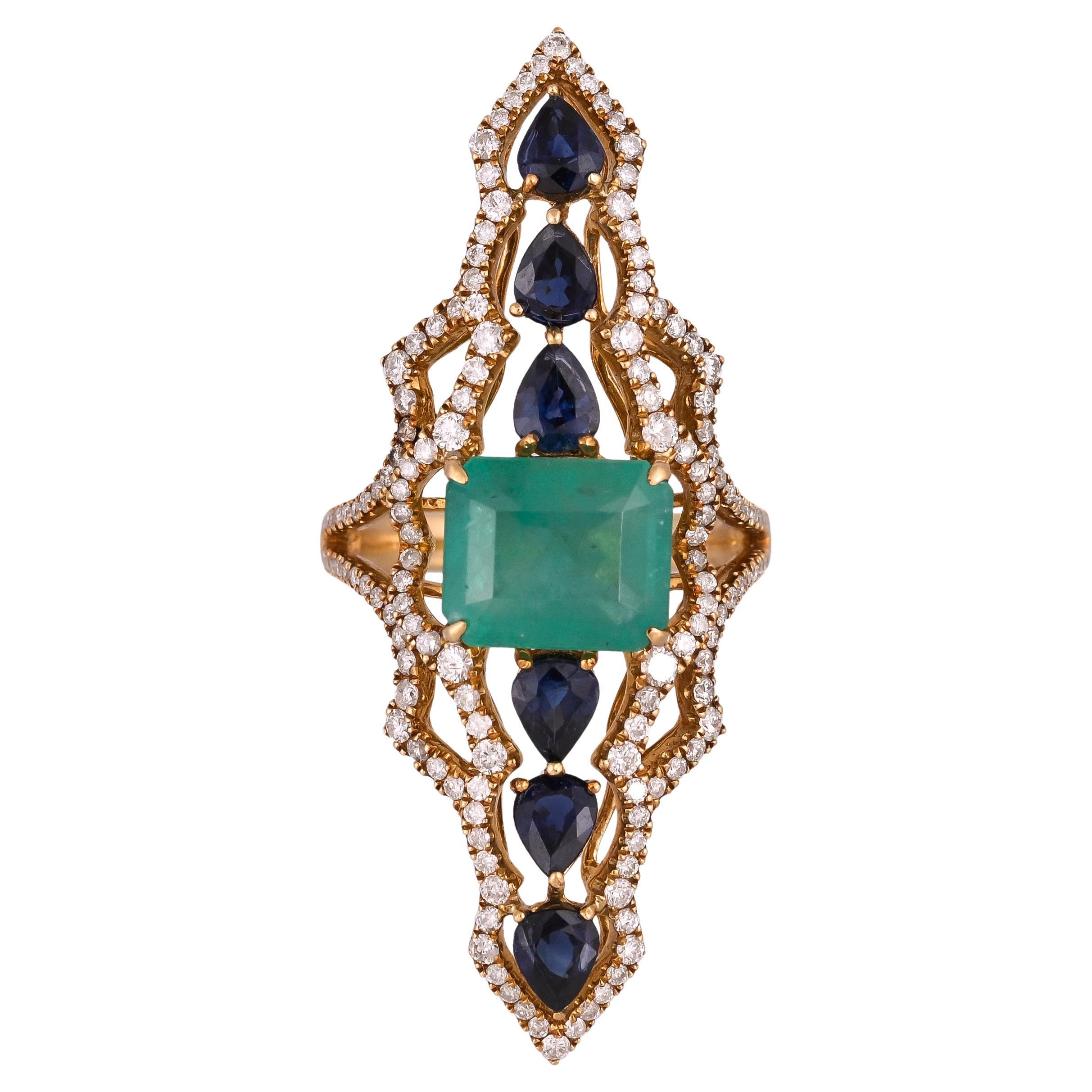 Set in 18K Gold, 3.99 carats Emerald, Blue Sapphires & Diamonds Cocktail Ring