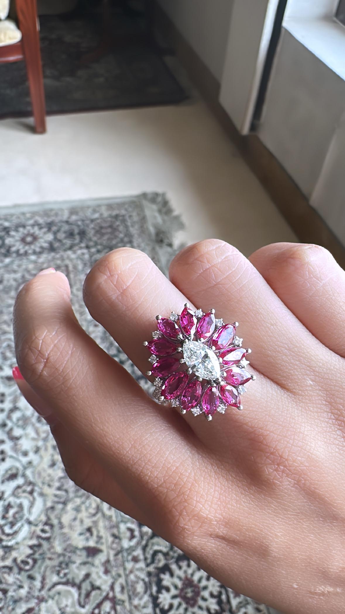 Set in 18K Gold, 4.11 carats Mozambique Ruby & Marquise Diamonds Cocktail Ring For Sale 3