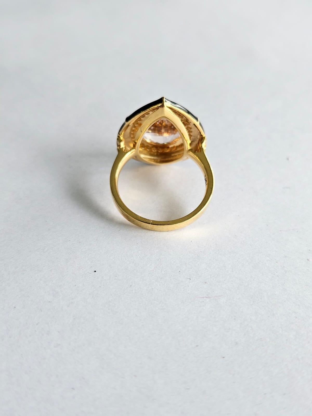 Art Deco Set in 18K Gold, 4.15 carats, Morganite, Black Enamel & Diamonds Engagement Ring For Sale