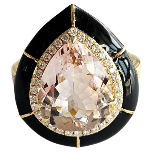 Set in 18K Gold, 4.15 carats, Morganite, Black Enamel & Diamonds Engagement Ring For Sale