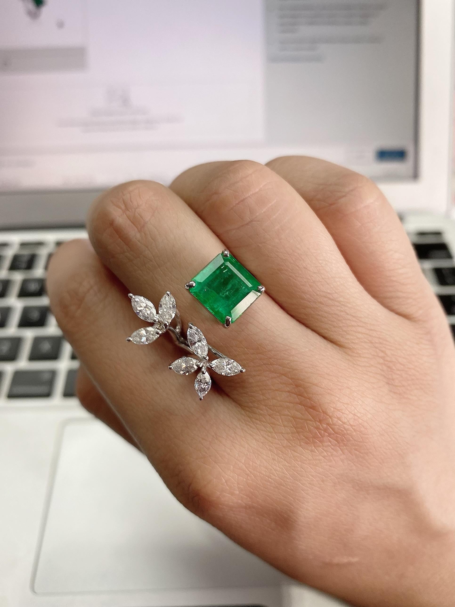 Modern Set in 18k Gold, 4.23 Carat Zambian Emerald and Marquise Diamonds Cocktail Ring