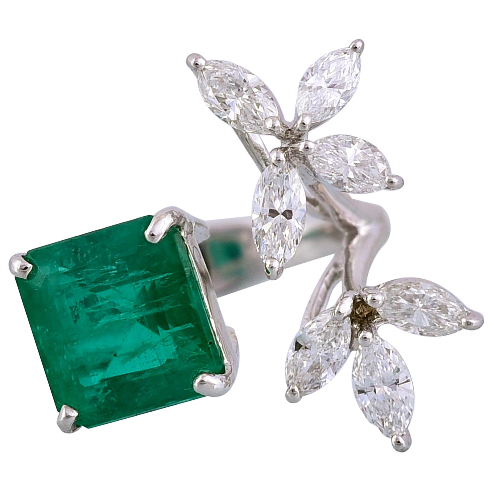 Set in 18k Gold, 4.23 Carat Zambian Emerald and Marquise Diamonds Cocktail Ring