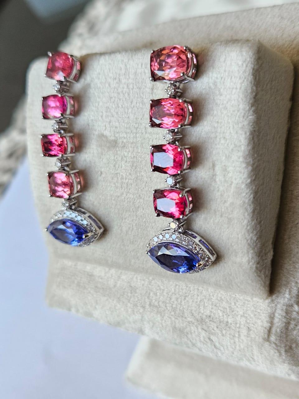 Marquise Cut Set in 18K Gold, 4.26 carats Tanzanite, Tourmaline & Diamond Chandelier Earrings For Sale