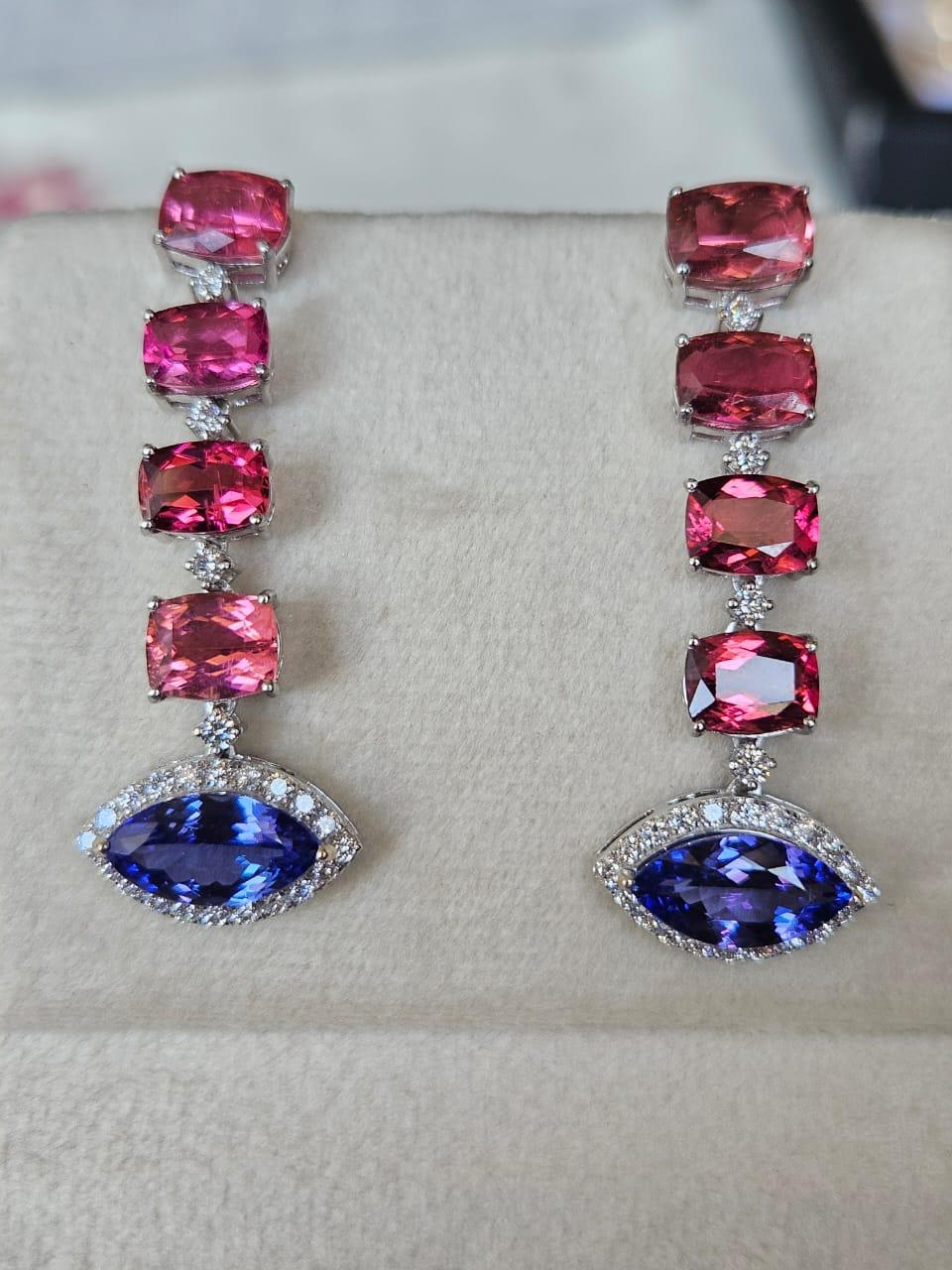 Set in 18K Gold, 4.26 carats Tanzanite, Tourmaline & Diamond Chandelier Earrings In New Condition For Sale In Hong Kong, HK