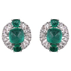 Set in 18K Gold, 4.30 carats, natural Zambian Emeralds & Diamonds Stud Earrings