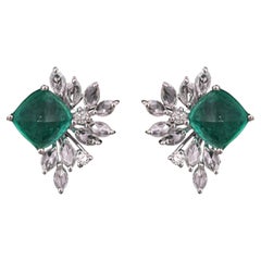 Set in 18K Gold, 4.33 Carat, Natural Emerald Sugarloaf & Diamonds Stud Earrings