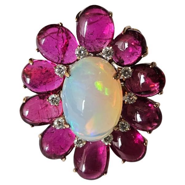 Set in 18K Gold, 4.39 carats Ethiopian Opal, Tourmaline & Diamonds Cocktail Ring