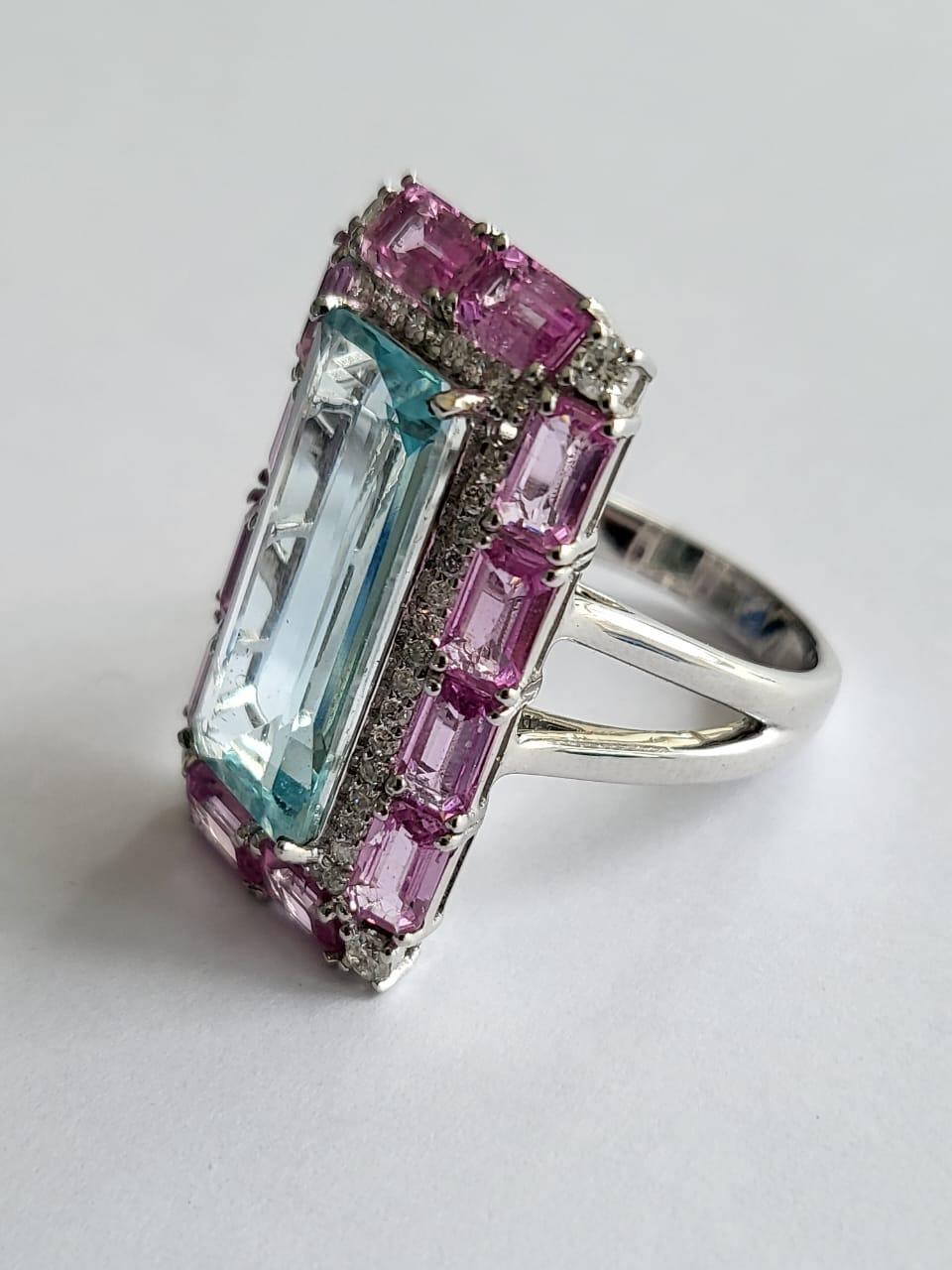 Emerald Cut Set in 18k Gold, 4.45 Carats Aquamarine, Pink Sapphires & Diamonds Cocktail Ring
