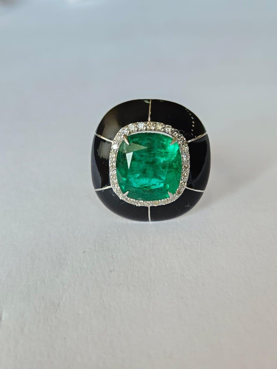 Emerald Cut Set in 18K Gold, 4.51 carats, Emerald, Black Enamel & Diamonds Engagement Ring