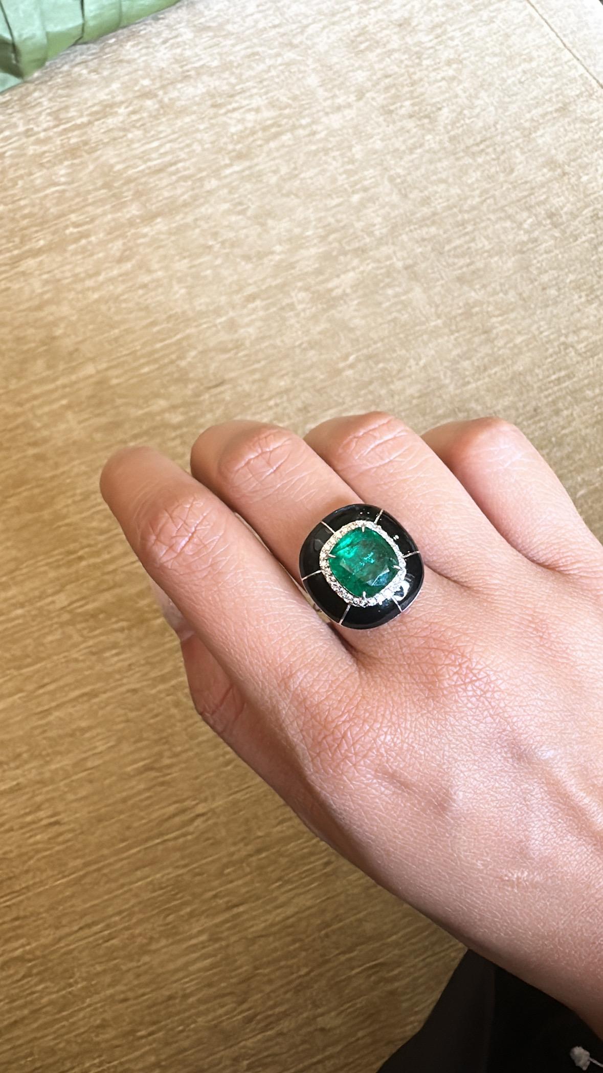 Set in 18K Gold, 4.51 carats, Emerald, Black Enamel & Diamonds Engagement Ring 1