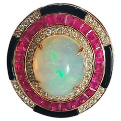 Set in 18K Gold, 4.69 Carats Opal, Ruby, Black Onyx & Diamonds Cocktail Ring