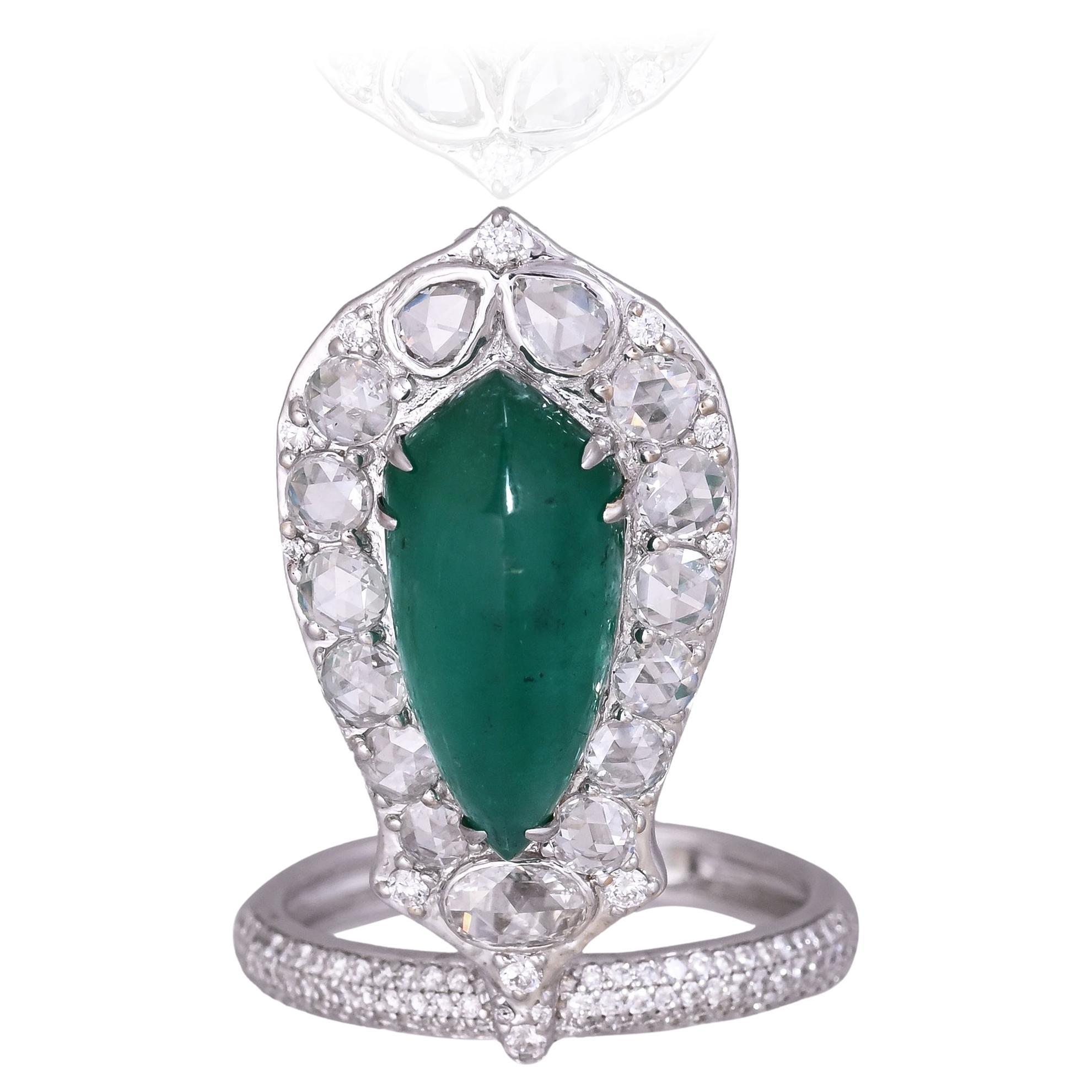Set in 18K Gold, 4.70 carat Emerald Cabochon & Rose Cut Diamonds Cocktail Ring