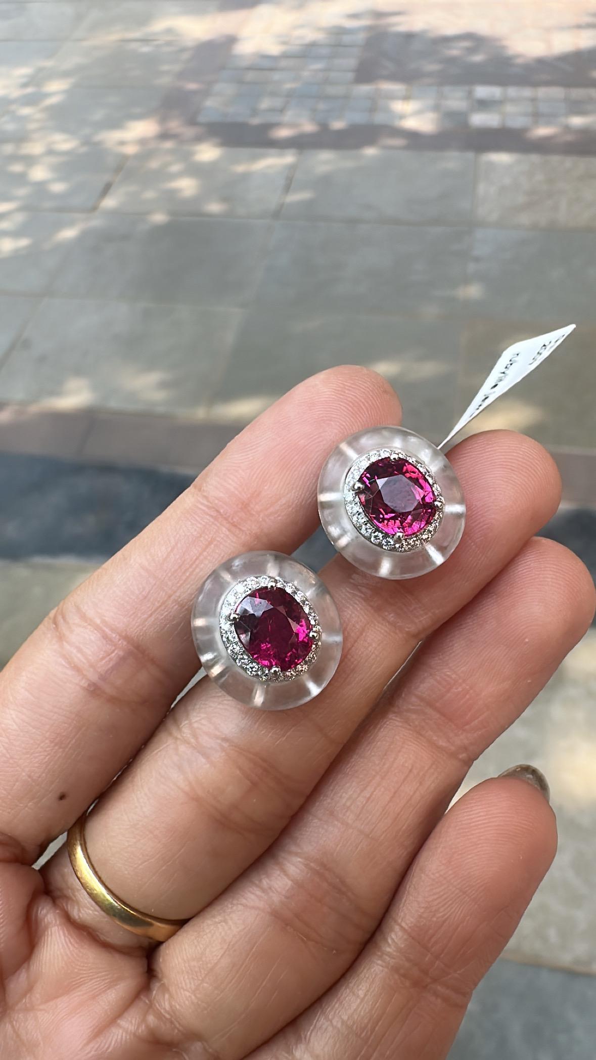 da uomo o donna Orecchini con rubellite, cristallo di rocca e diamanti, 4,71 carati, incastonati in oro 18 carati in vendita