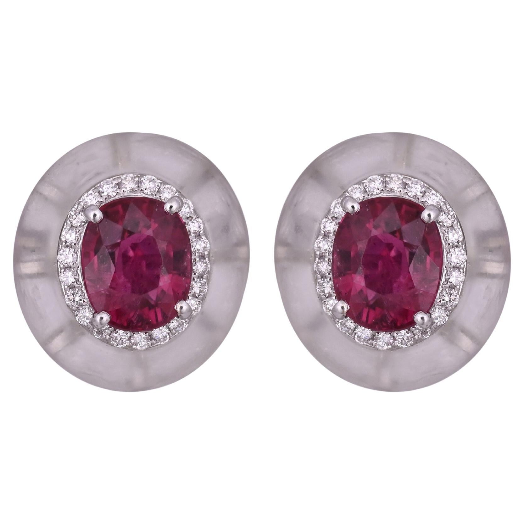 Set in 18K Gold, 4.71 carats Rubellite, rock Crystal & Diamonds Stud Earrings