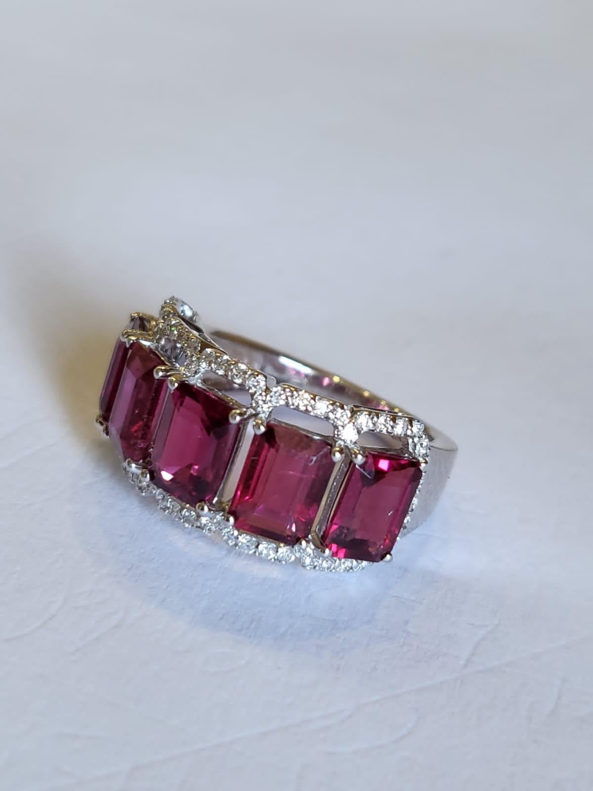 Emerald Cut Set in 18K Gold, 4.79 Carats Rubellite & Diamonds Band / Wedding Ring