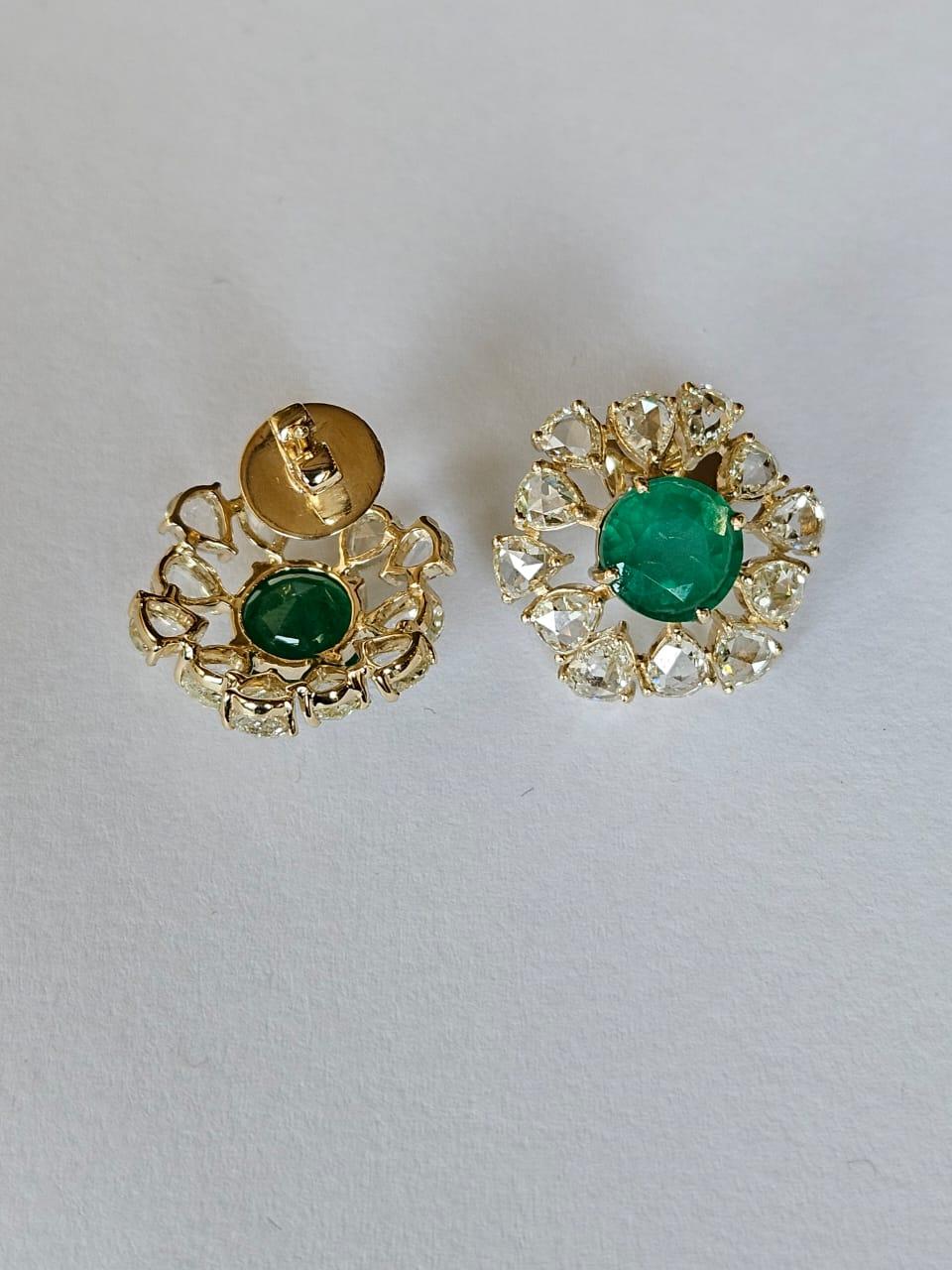 Set in 18K Gold, 4.86 carats, Zambian Emerald & Rose Cut Diamonds Stud Earrings For Sale 2