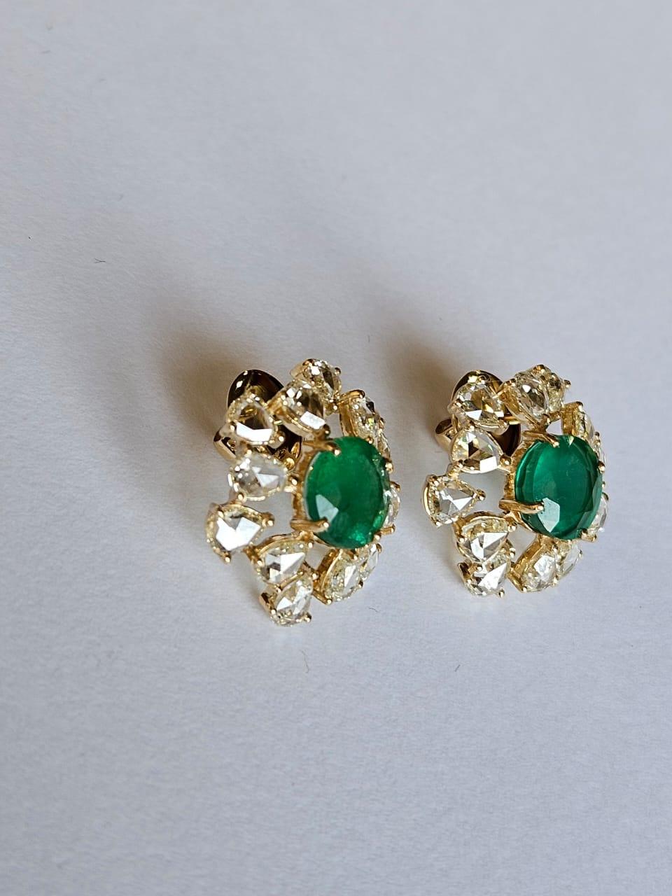 Set in 18K Gold, 4.86 carats, Zambian Emerald & Rose Cut Diamonds Stud Earrings For Sale 3