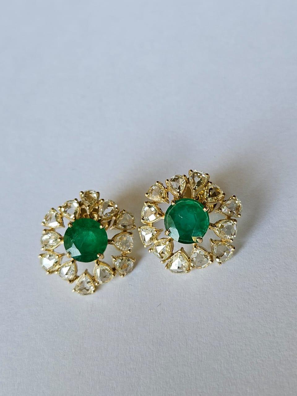 Set in 18K Gold, 4.86 carats, Zambian Emerald & Rose Cut Diamonds Stud Earrings For Sale 4