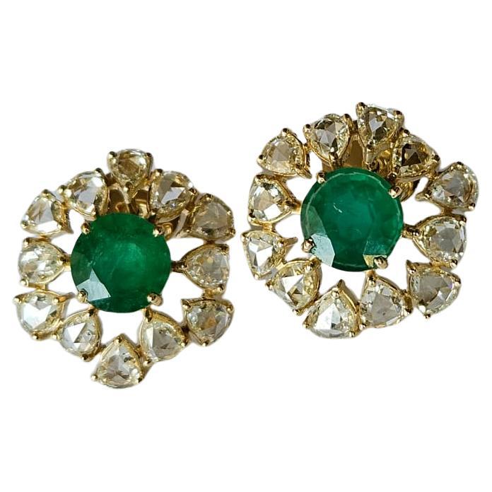 Set in 18K Gold, 4.86 carats, Zambian Emerald & Rose Cut Diamonds Stud Earrings For Sale