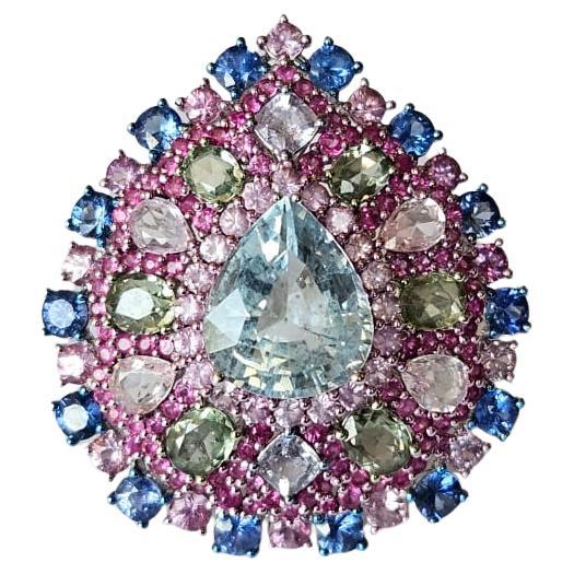 Bague cocktail en or 18 carats, aigue-marine de 4,89 carats, multi- saphirs et diamants