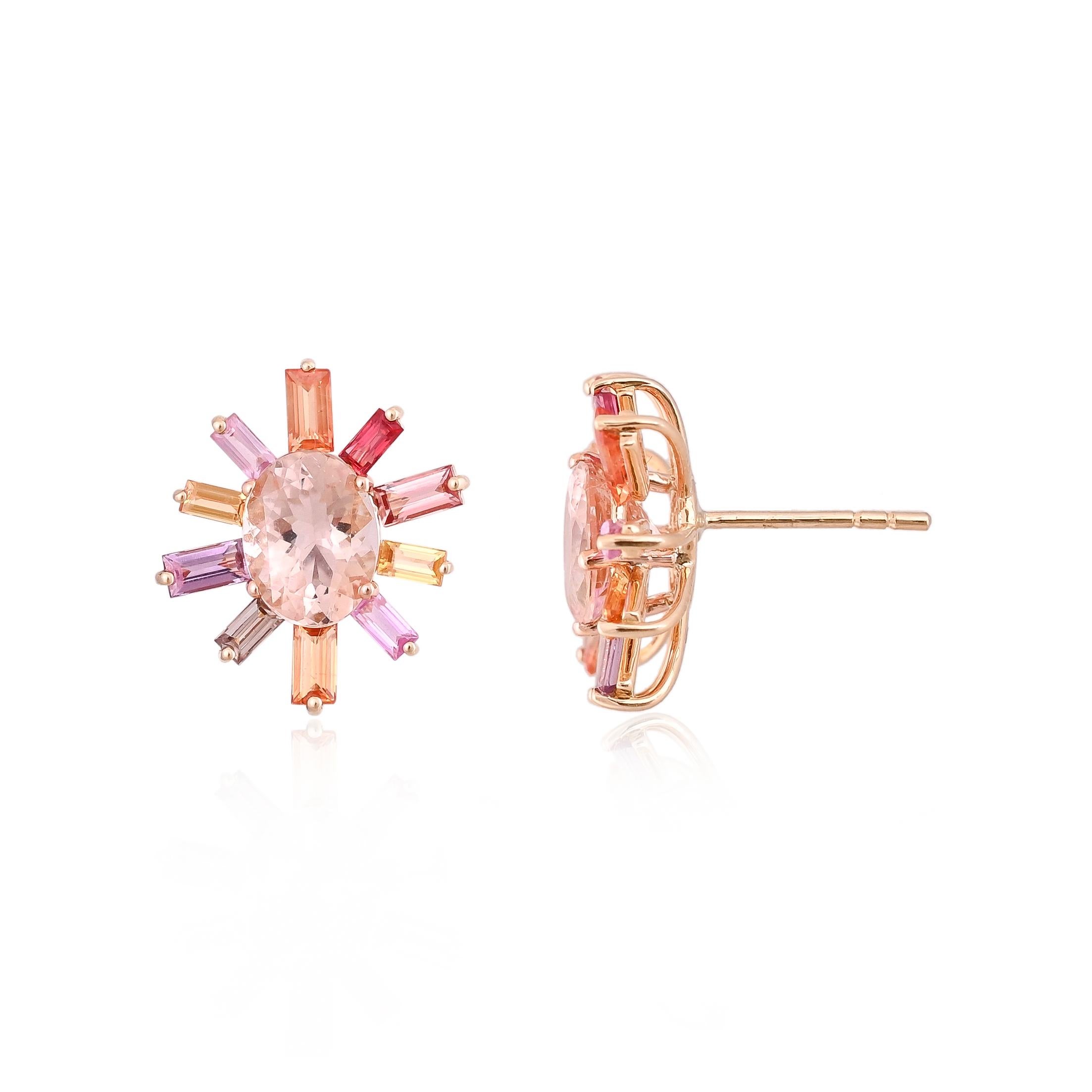 A very beautiful and modern Morganite & Multi Sapphires Stud Earrings set in 18K Gold & Diamonds. The weight of the Morganite Ovals is 4.98 carats. The weight of the Multi Sapphires is 3.89 carats. Net Gold weight is 5.32 grams. The dimensions of