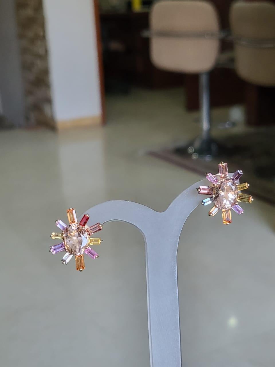 Modern Set in 18K Gold, 4.98 Carats, Natural Morganite & Multi Sapphires Stud Earrings