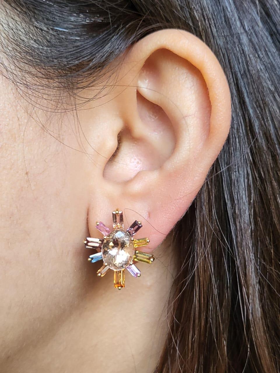 Women's or Men's Set in 18K Gold, 4.98 Carats, Natural Morganite & Multi Sapphires Stud Earrings