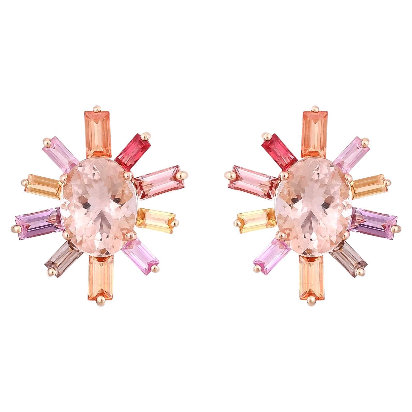 Set in 18K Gold, 4.98 Carats, Natural Morganite & Multi Sapphires Stud Earrings