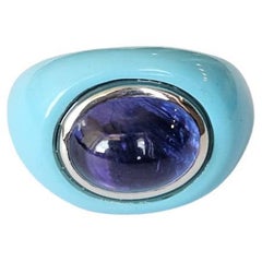 Anello da cocktail in oro 18 carati, 5,03 carati, tanzanite cabochon e turchese a fascia