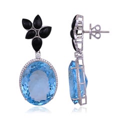 Set in 18K Gold, 52.67 carats, Blue Topaz, Black Onyx & Diamonds Dangle Earrings