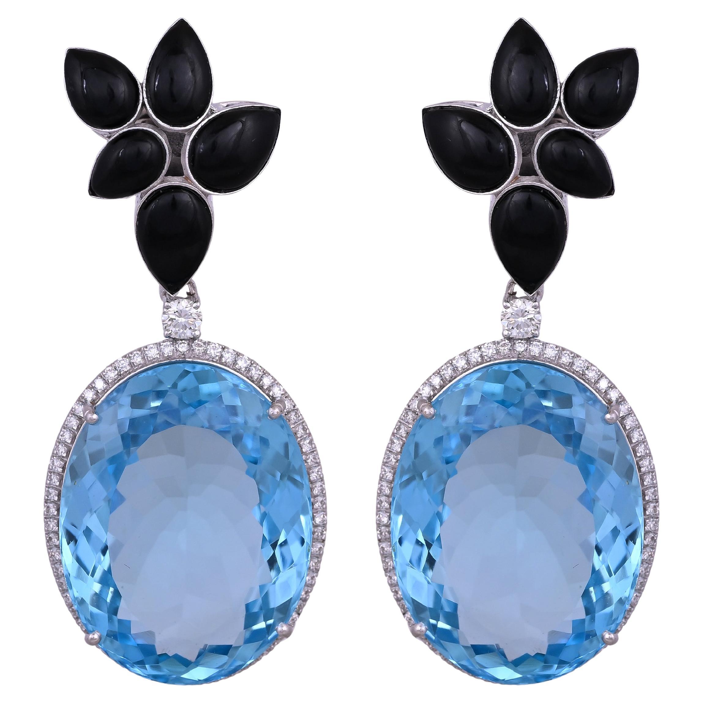 Set in 18K Gold, 52.67 carats, Blue Topaz, Black Onyx & Diamonds Dangle Earrings