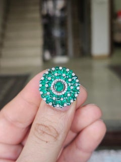 Set in 18K Gold, 5.48 carats, Zambian Emeralds & Diamonds Cocktail Cluster Ring