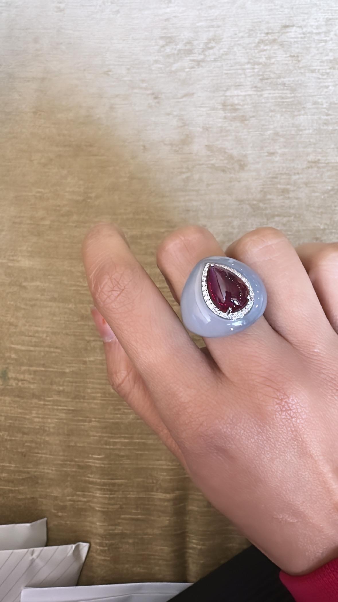 Set in 18K Gold, 5.52 carats Rubellite, Chalcedony & Diamonds Cocktail Ring 2