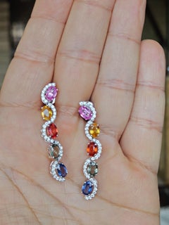 Set in 18K Gold, 5.66 carat Ceylon Multi Sapphires & Diamonds Chandelier Earring
