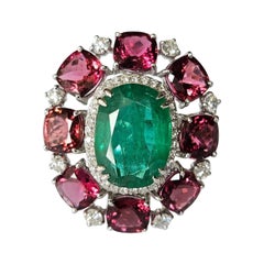 Set in 18K Gold, 5.67 carats Zambian Emerald, Tourmaline 
Diamond Cocktail Ring