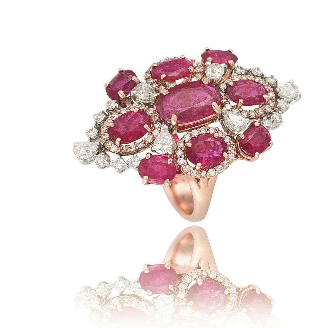 Anglo-Indian 18k Gold 6.10 Carat, Natural Mozambique Ruby and Diamonds Cocktail Ring