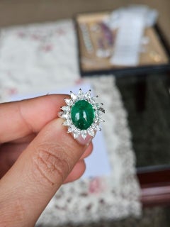 Set in 18K Gold, 6.35 carats Zambian Emerald cabochon & Diamonds Cocktail Ring