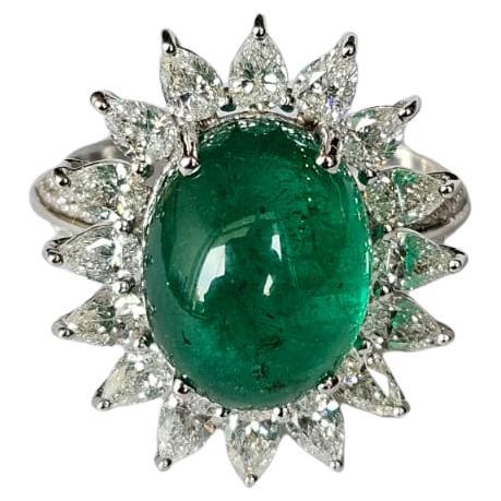 Set in 18K Gold, 6.35 carats Zambian Emerald cabochon & Diamonds Cocktail Ring