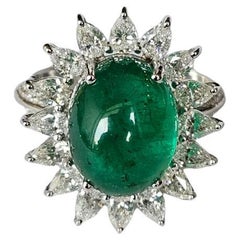 Set in 18K Gold, 6.35 carats Zambian Emerald cabochon & Diamonds Cocktail Ring