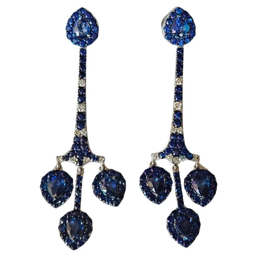 Set in 18K Gold, 6.36 carats Ceylon Blue Sapphires & Diamonds Chandelier Earring