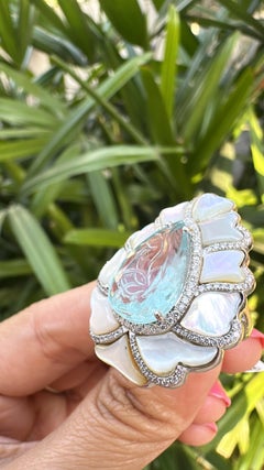 Set in 18K Gold, 6.45 carats, carved Aquamarine, Pearls & Diamonds Cocktail Ring